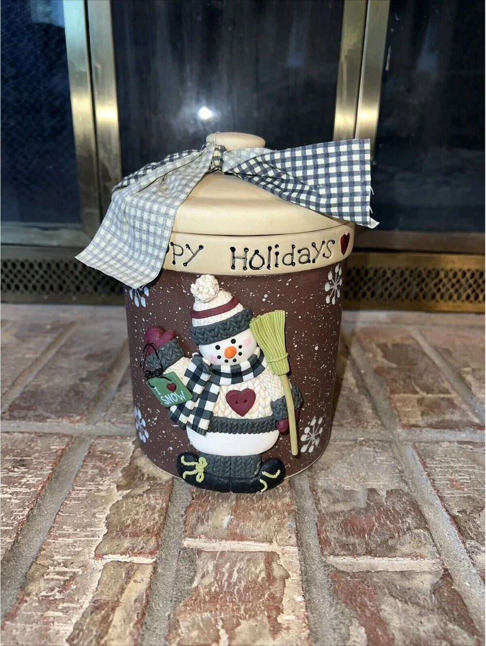 Vtg Snowman Goody Cookie Treat Jar w/ Lid Happy Holiday's Snowman Snack Canister